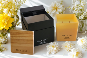 Max Levi Premium Creamy Vanilla Candle lifestyle image.