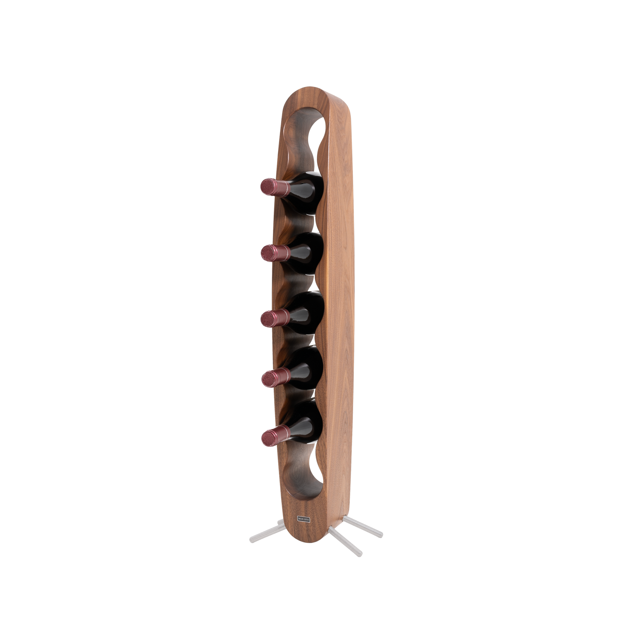 Max Levi Provence American Walnut wood wine rack, wine stand rack, a wine rack, silver stand, corner image with bottles