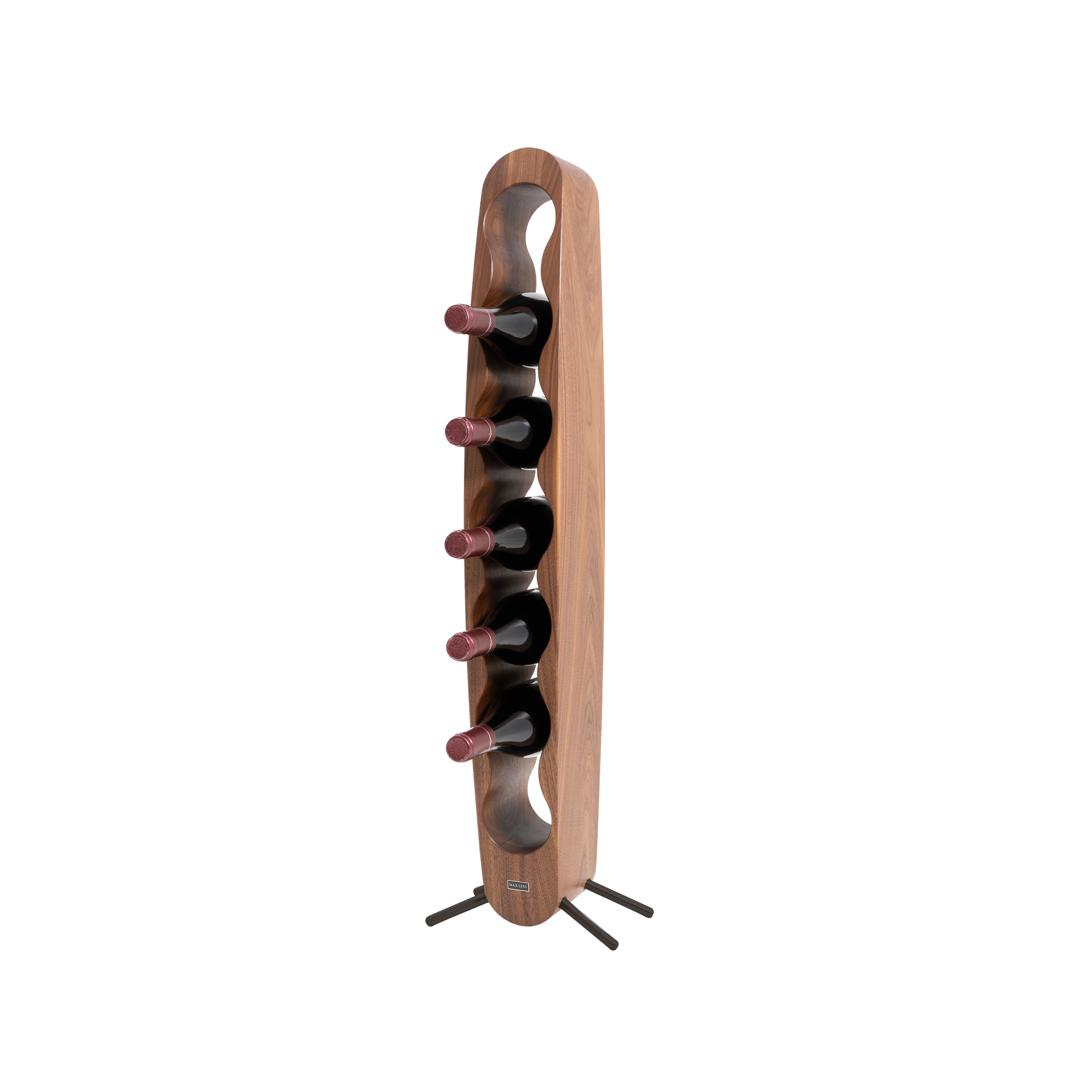 Max Levi Provence American Walnut wood wine rack, wine stand rack, a wine rack, black stand, corner image with bottles