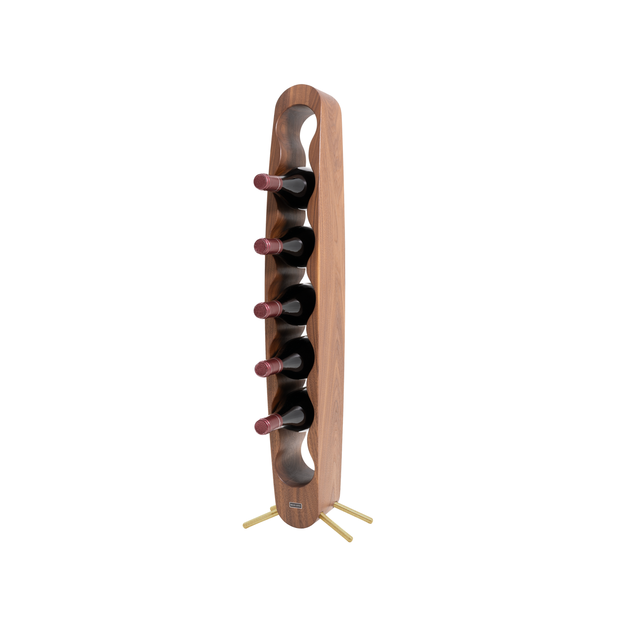 Max Levi Provence American Walnut wood wine rack, wine stand rack, a wine rack, gold stand, corner image with bottles