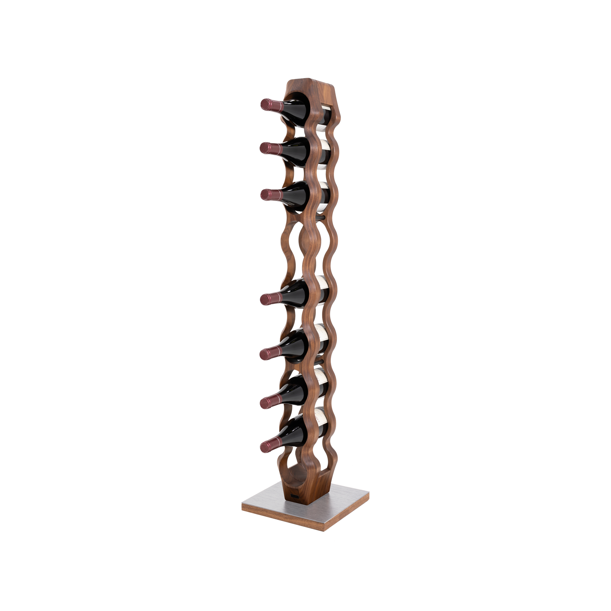 Max Levi Trim 9 American Walnut wood wine rack, wine stand rack, a wine rack, silver stand, corner image with bottles