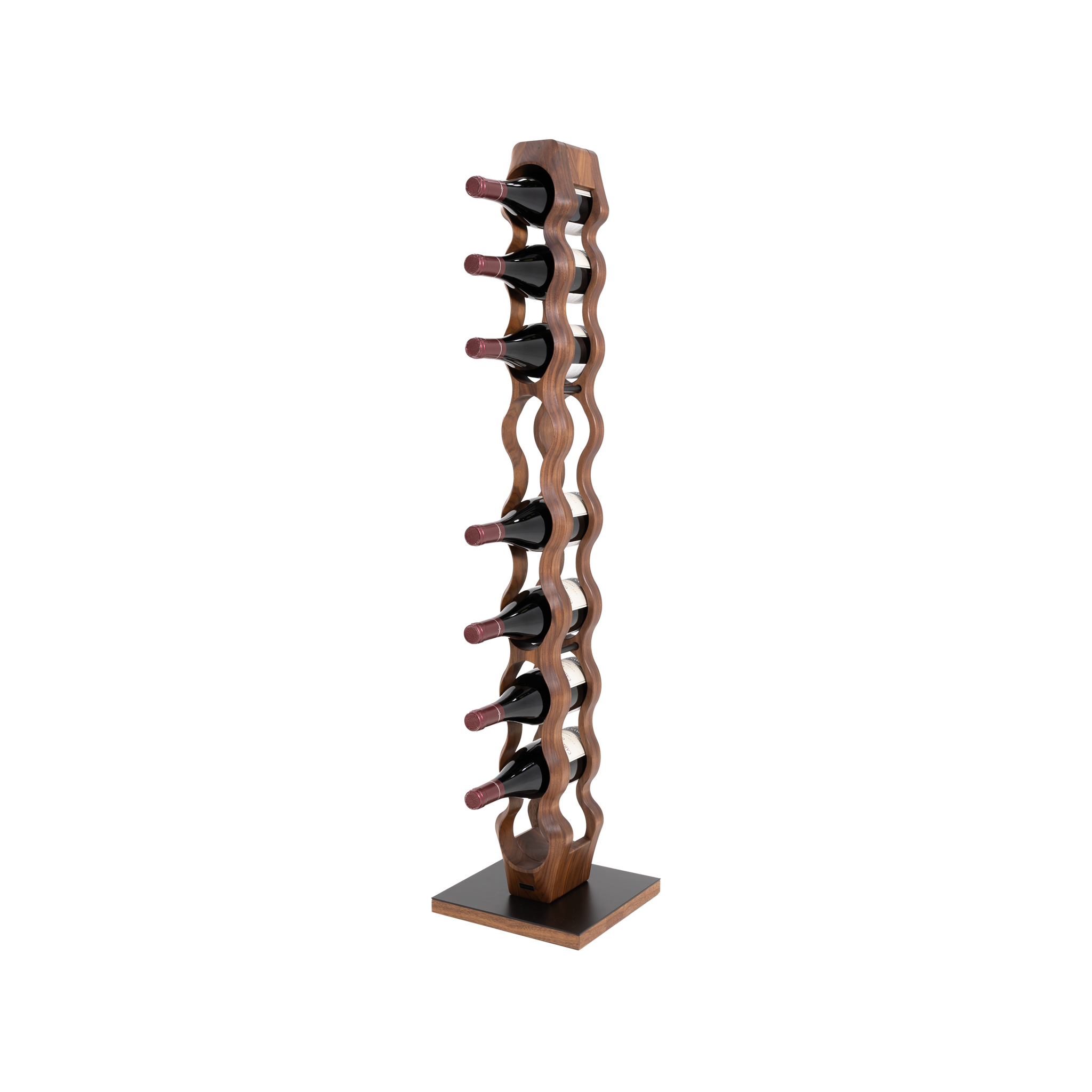 Max Levi Trim 9 American Walnut wood wine rack, wine stand rack, a wine rack, black stand, corner image with bottles