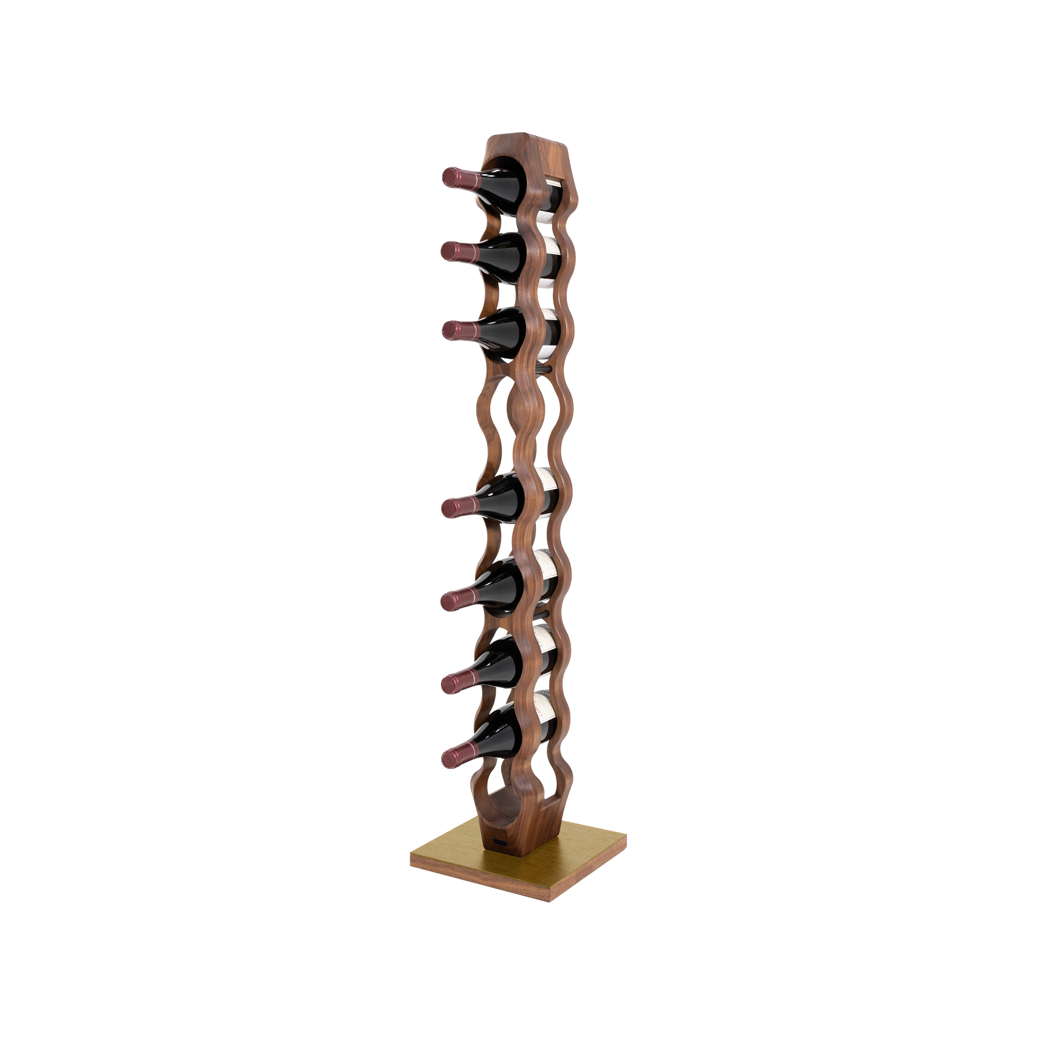 Max Levi Trim 9 American Walnut wood wine rack, wine stand rack, a wine rack, gold stand, corner image with bottles