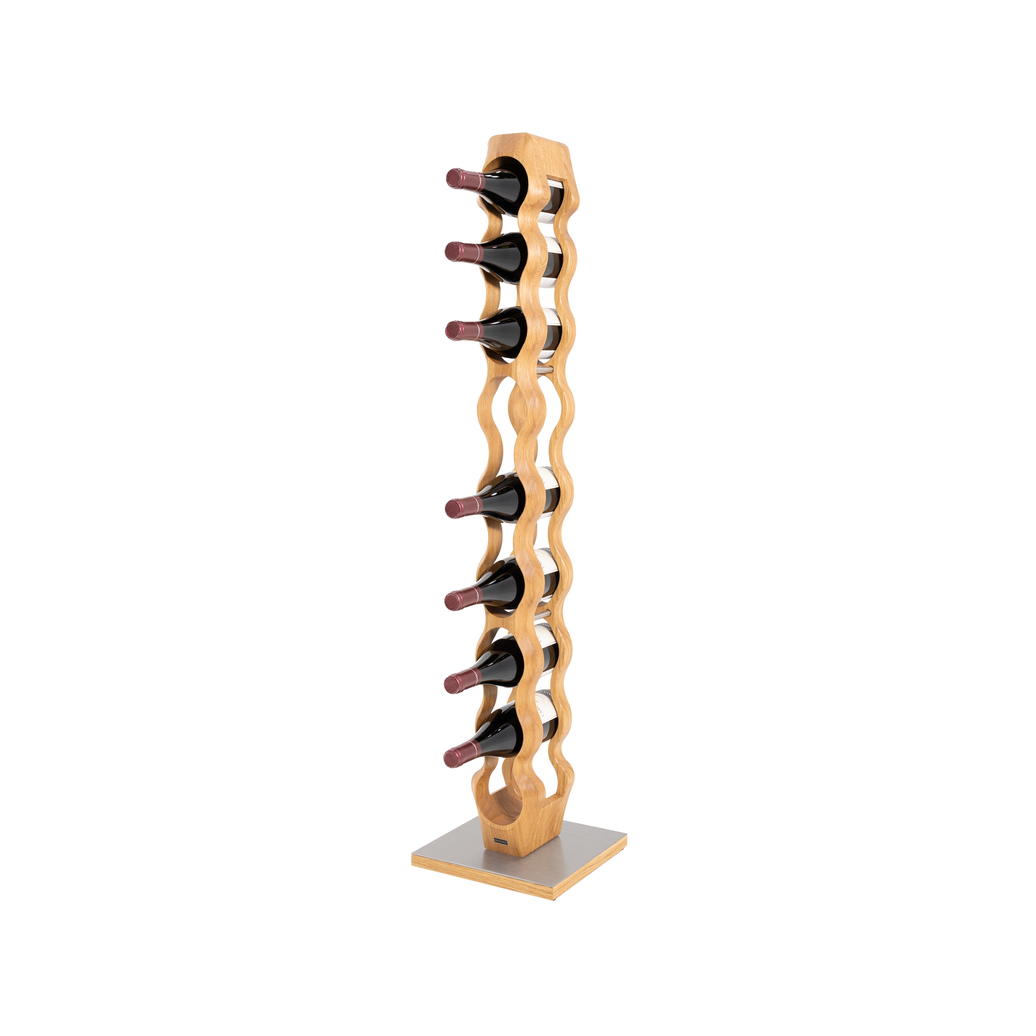 Max Levi Trim 9 Select Oak wood wine rack, wine stand rack, a wine rack, silver stand, corner image with bottles
