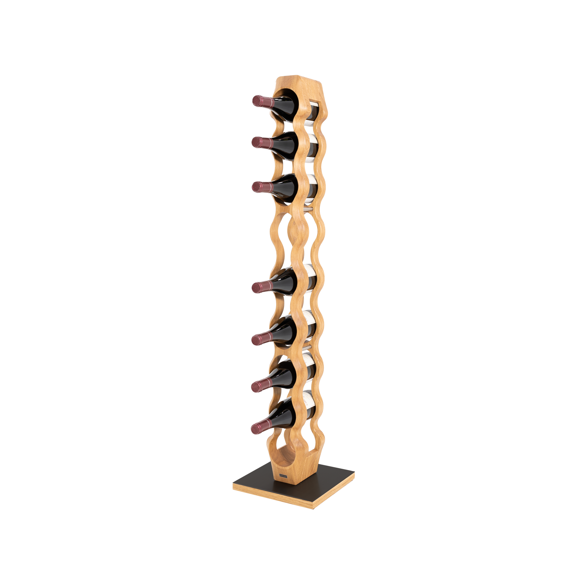 Max Levi Trim 9 Select Oak wood wine rack, wine stand rack, a wine rack, black stand, corner image with bottles