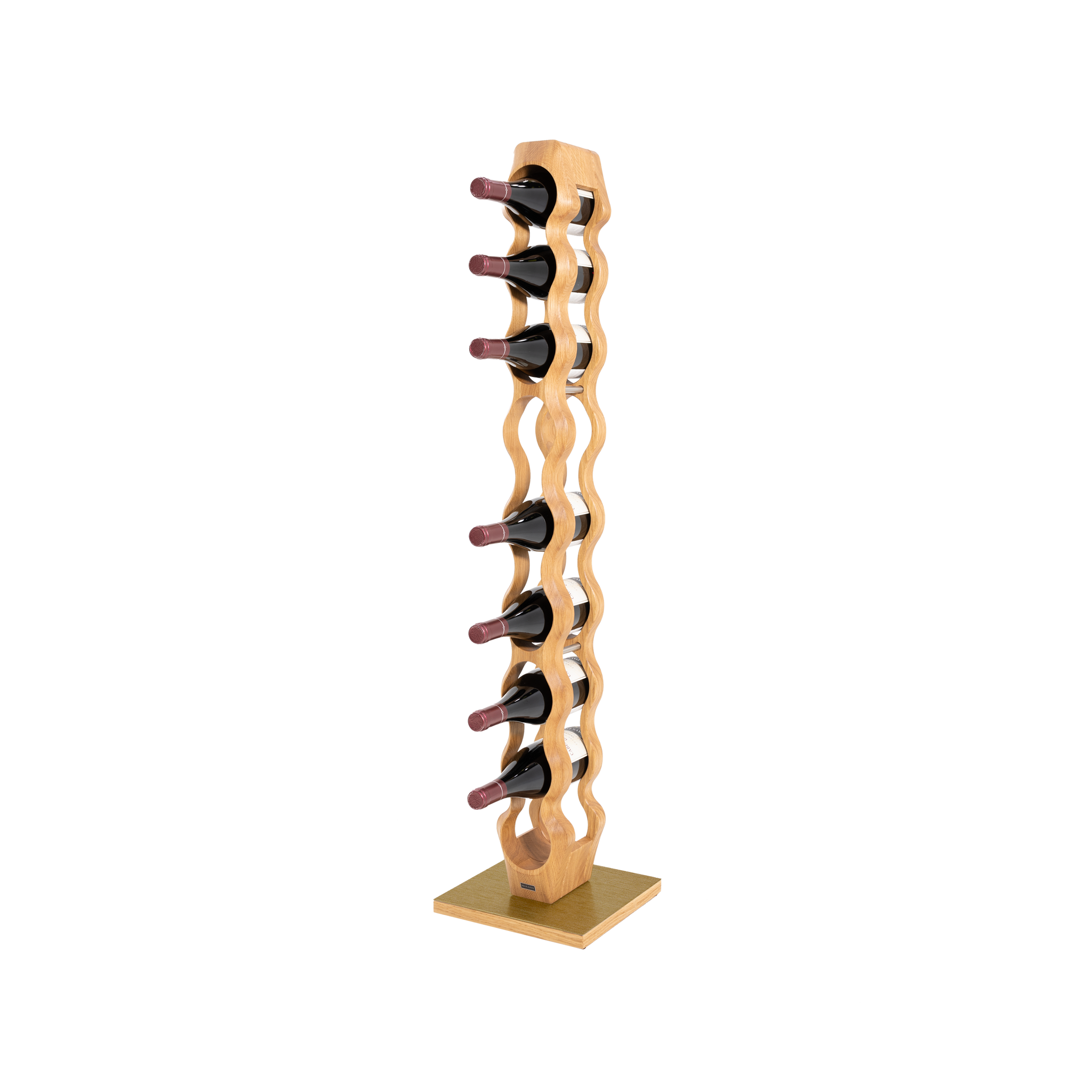 Max Levi Trim 9 Select Oak wood wine rack, wine stand rack, a wine rack, gold stand, corner image with bottles