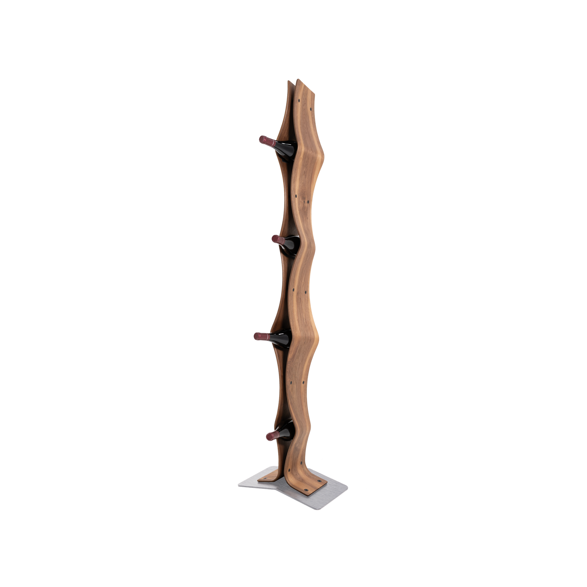 Max Levi Vertigo American Walnut wood wine rack, wine stand rack, a wine rack, silver stand, corner image with bottles