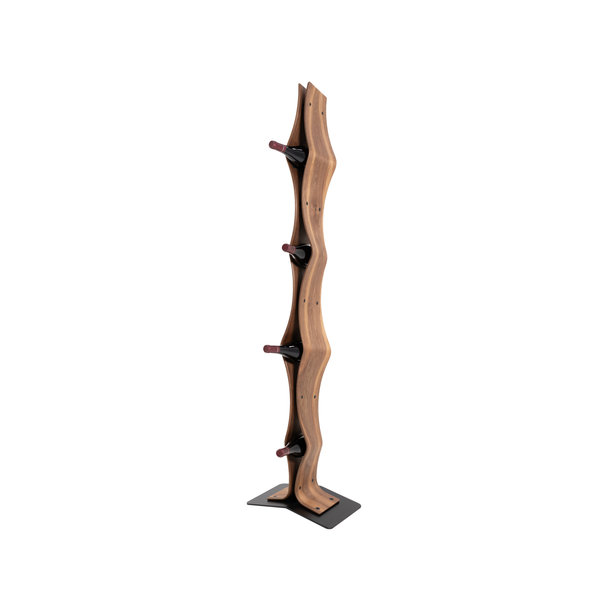Max Levi Vertigo American Walnut wood wine rack, wine stand rack, a wine rack, black stand, corner image with bottles
