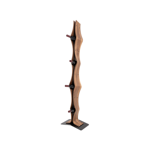 Max Levi Vertigo American Walnut wood wine rack, wine stand rack, a wine rack, black stand, corner image with bottles