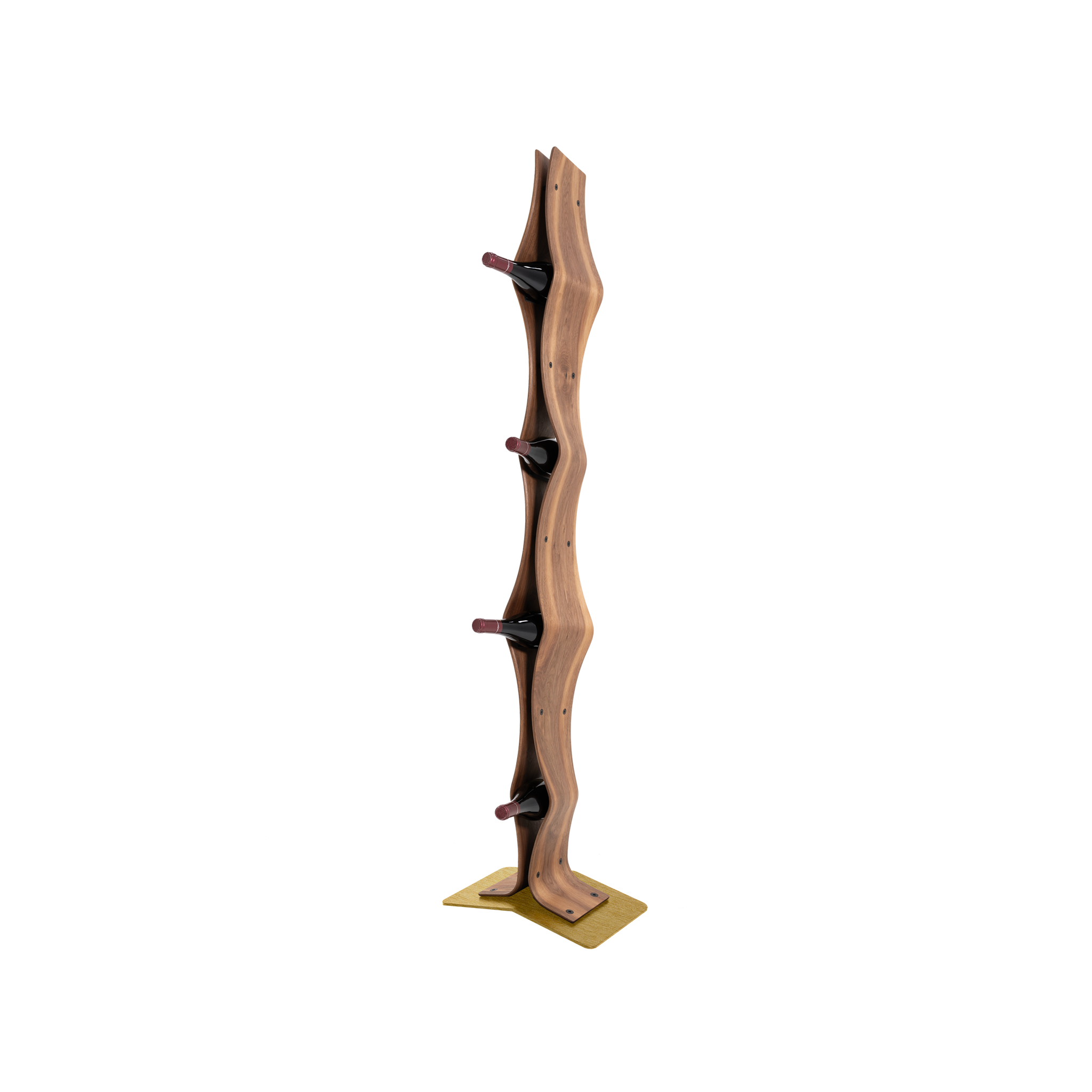 Max Levi Vertigo American Walnut wood wine rack, wine stand rack, a wine rack, gold stand, corner image with bottles