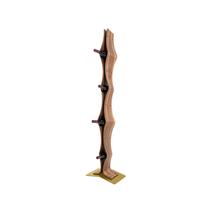 Max Levi Vertigo American Walnut wood wine rack, wine stand rack, a wine rack, gold stand, corner image with bottles