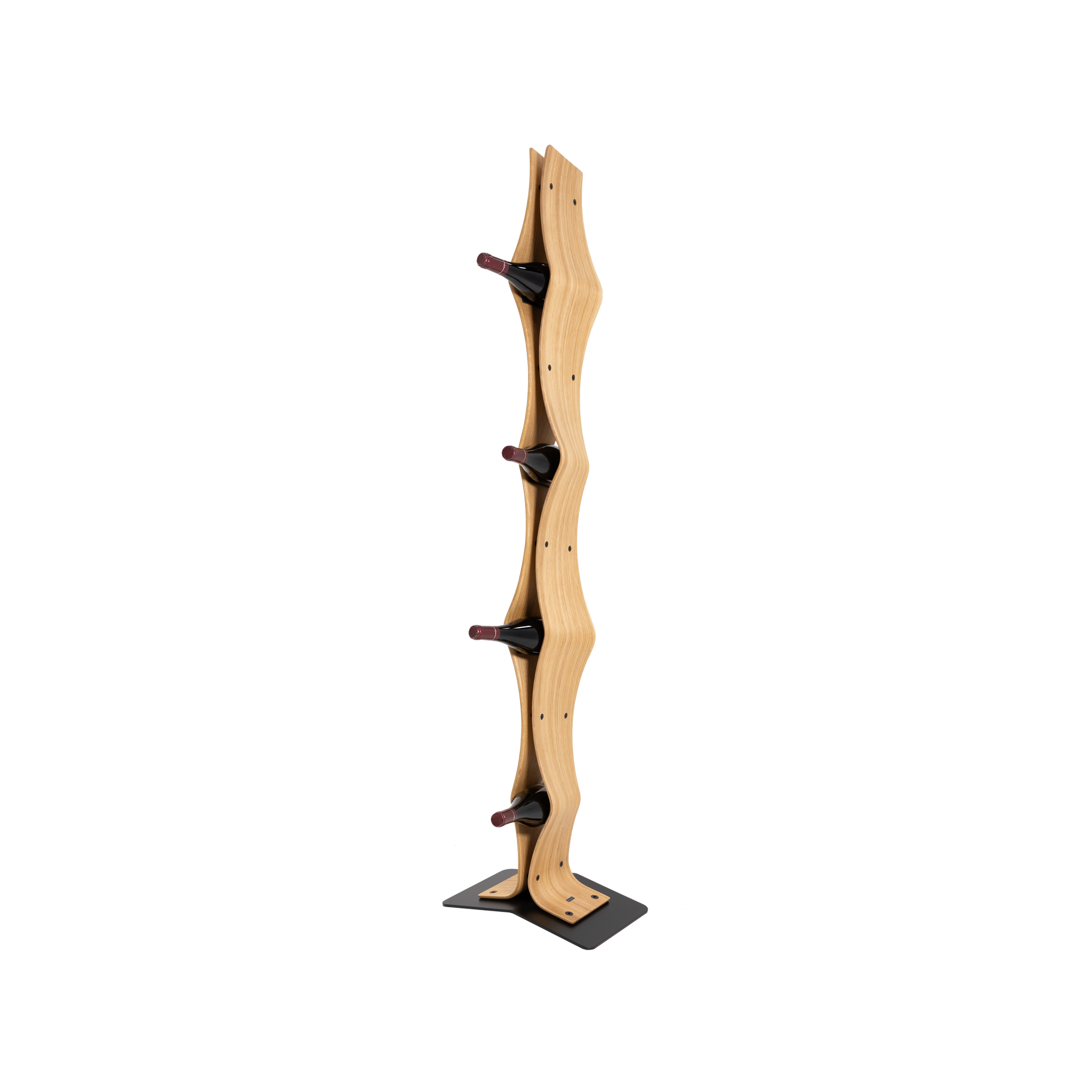 Max Levi Vertigo Select Oak wood wine rack, wine stand rack, a wine rack, black stand, corner image with bottles
