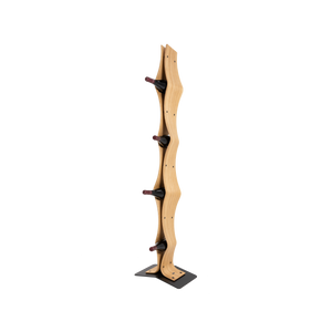 Max Levi Vertigo Select Oak wood wine rack, wine stand rack, a wine rack, black stand, corner image with bottles