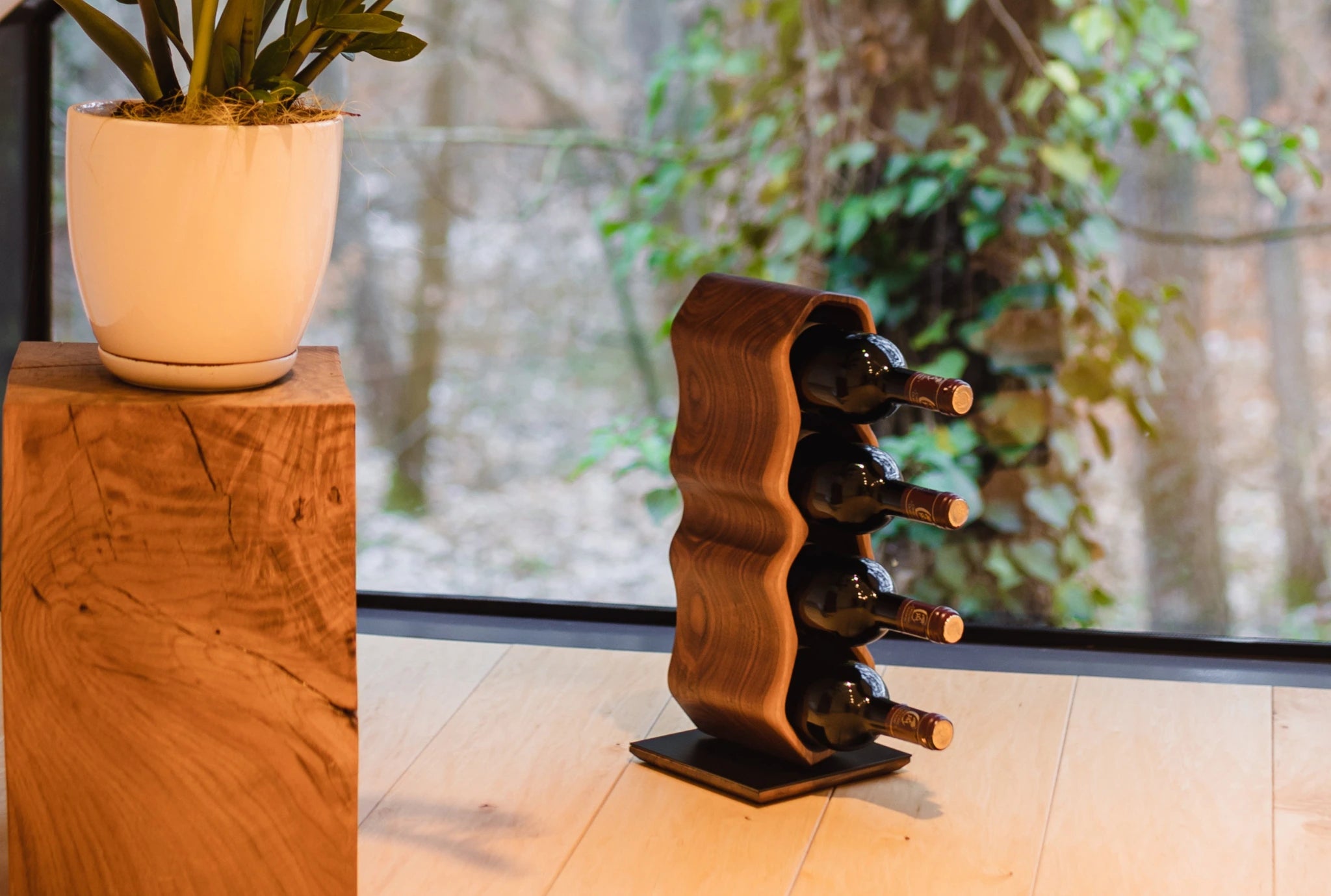 WARP wine rack, Max Levi, luxury lifestyle image, contemporary, classic, modern, timeless, wine stand rack, wine display, 4 bottle holder, handcrafted, European design, American Walnut Wood