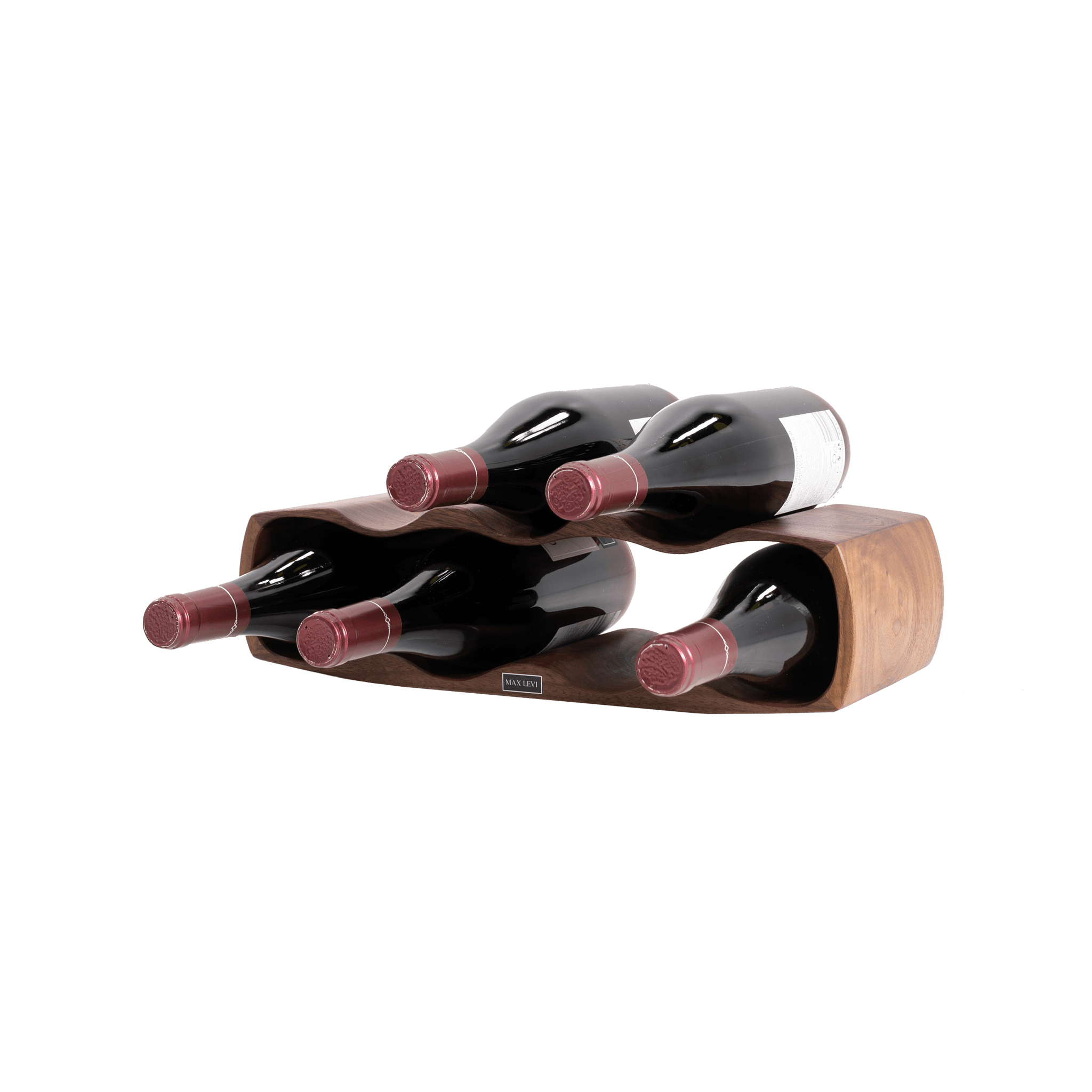 Max Levi Art American Walnut wood wine rack, wine stand rack, a wine rack, corner image with bottles