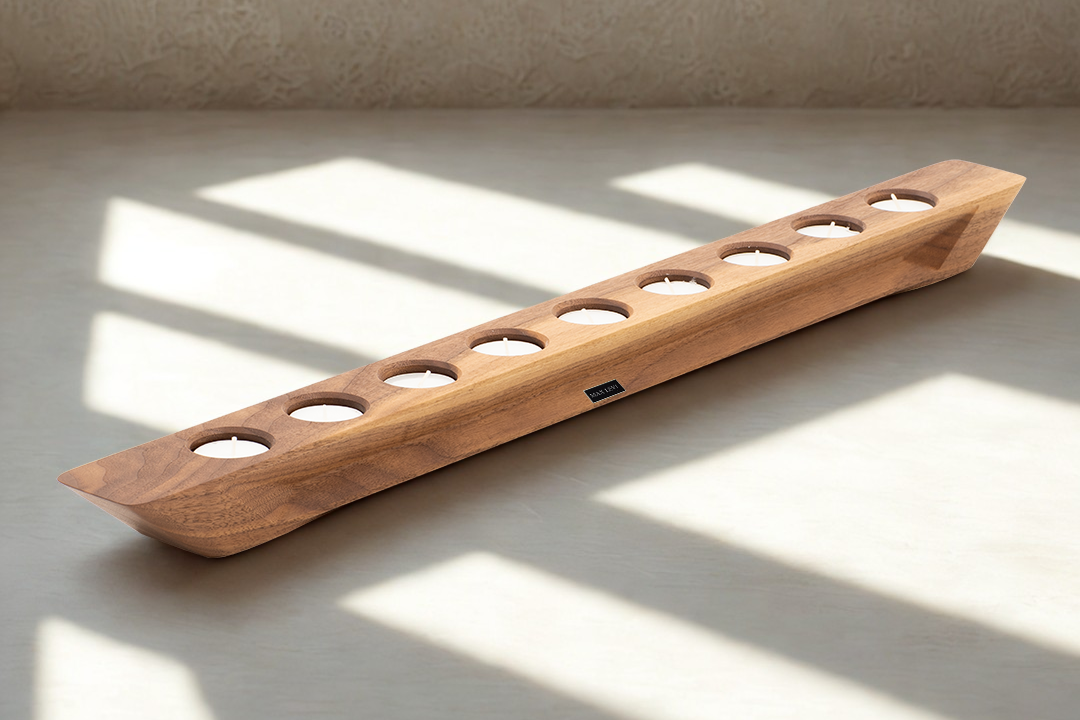 Max Levi, Balmy American Walnut wood 9 tea light candle holder, Luxury, minimalistic, warm ambience. Tea candle holder. Lifestyle Image