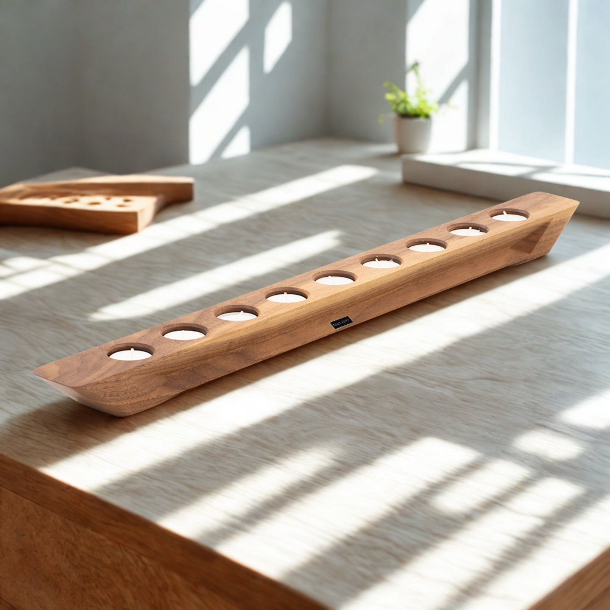 Max Levi, Balmy American Walnut wood 9 tea light candle holder, Luxury, minimalistic, warm ambience. Tea candle holder. Lifestyle Image 2