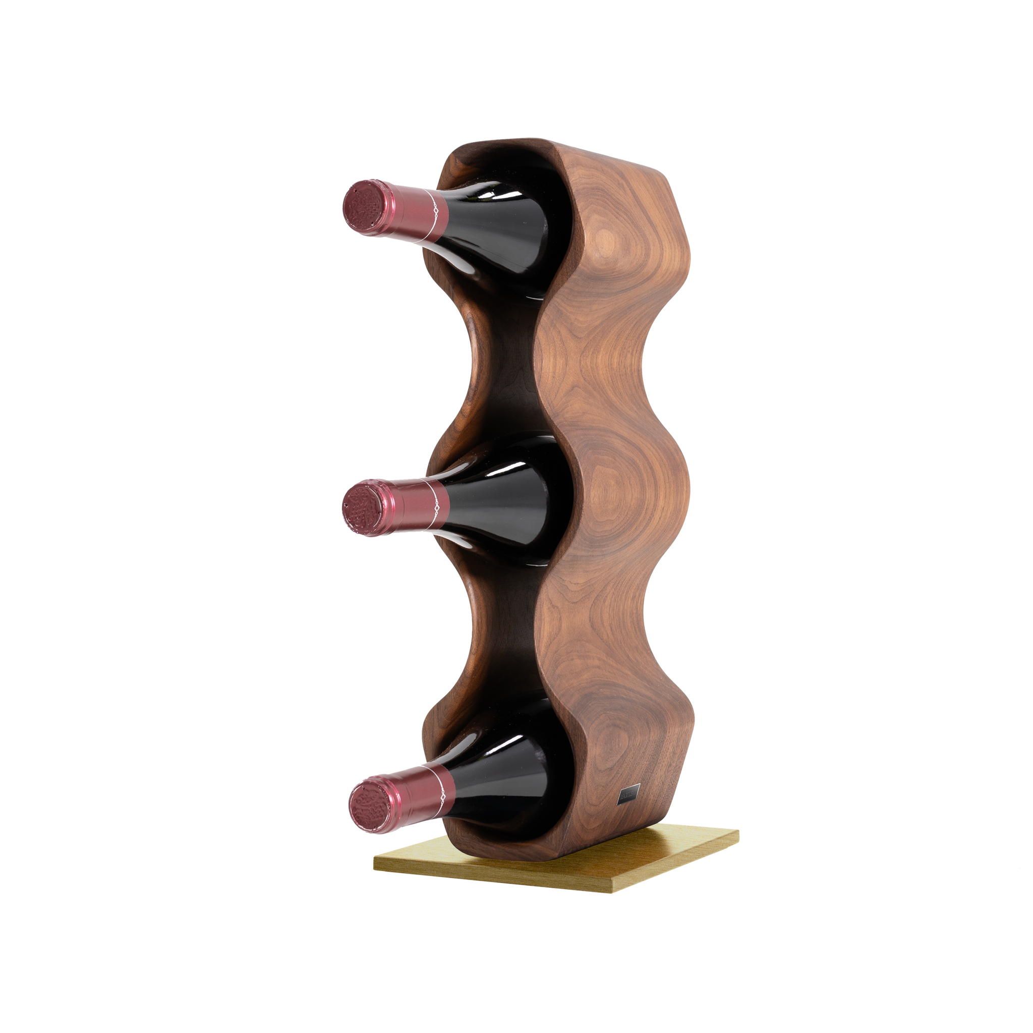 Max Levi Harmony American Walnut wood wine rack, wine stand rack, a wine rack, corner image with bottles, gold stand