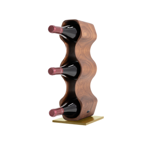 Max Levi Harmony American Walnut wood wine rack, wine stand rack, a wine rack, corner image with bottles, gold stand