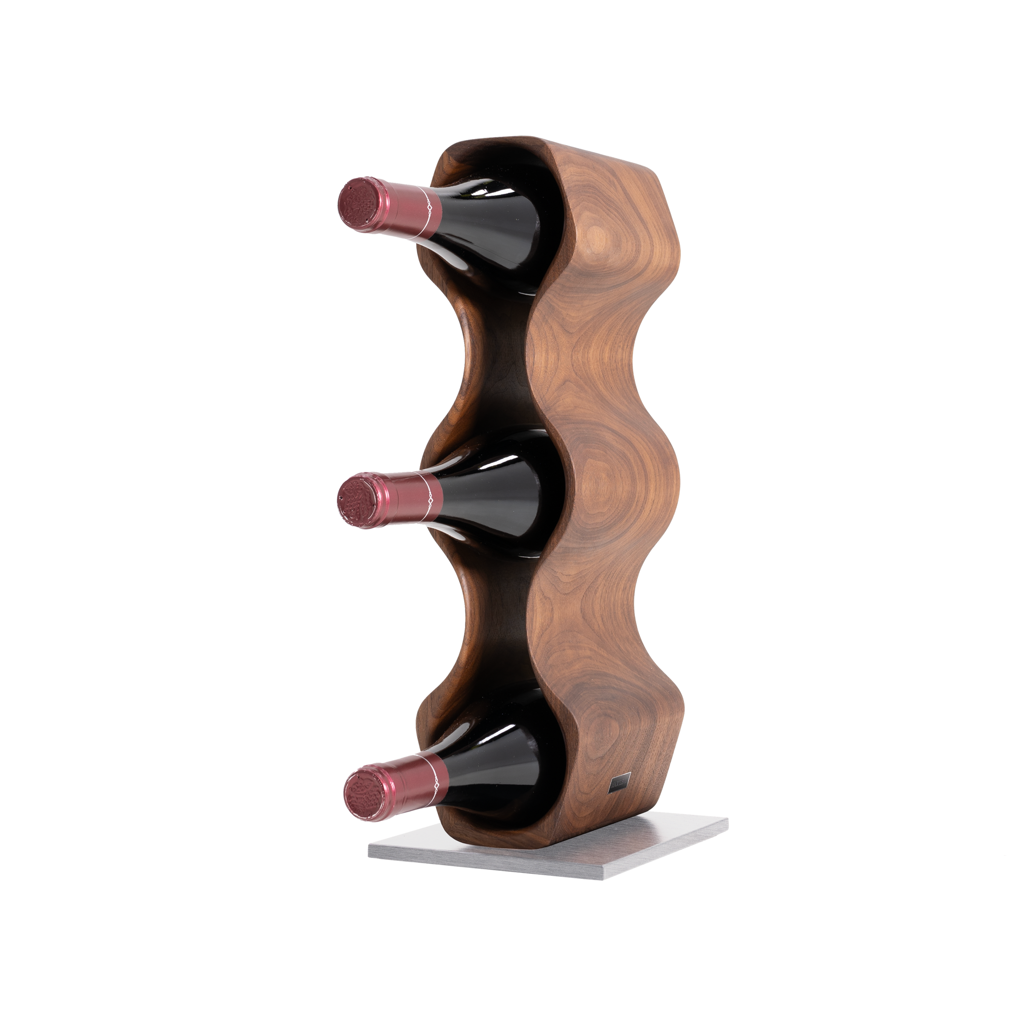Max Levi Harmony American Walnut wood wine rack, wine stand rack, a wine rack, corner image with bottles, silver stand