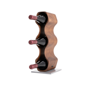 Max Levi Harmony American Walnut wood wine rack, wine stand rack, a wine rack, corner image with bottles, silver stand