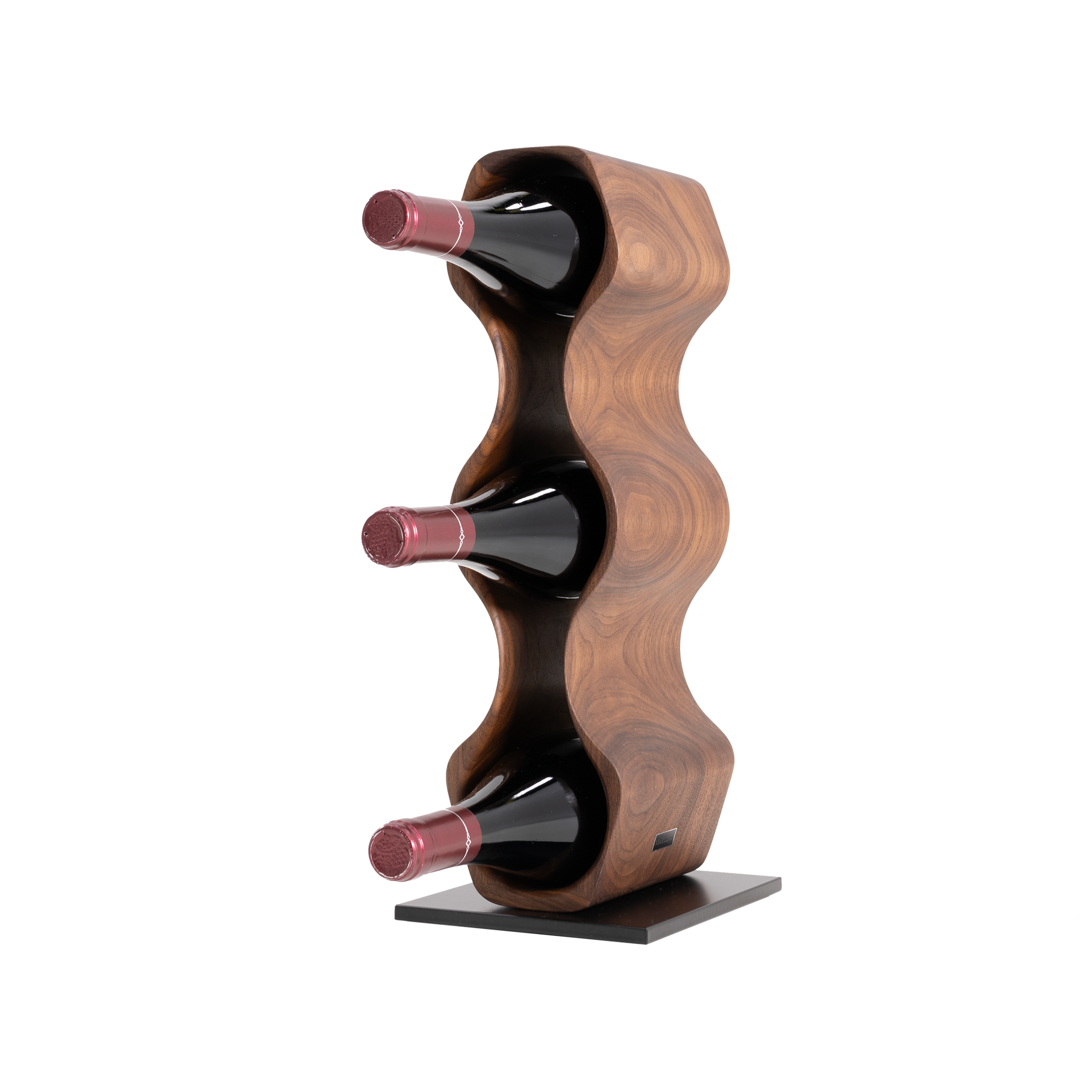 Max Levi Harmony American Walnut wood wine rack, wine stand rack, a wine rack, corner image with bottles, black stand