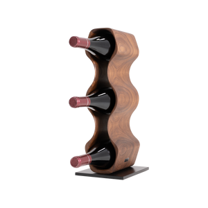 Max Levi Harmony American Walnut wood wine rack, wine stand rack, a wine rack, corner image with bottles, black stand