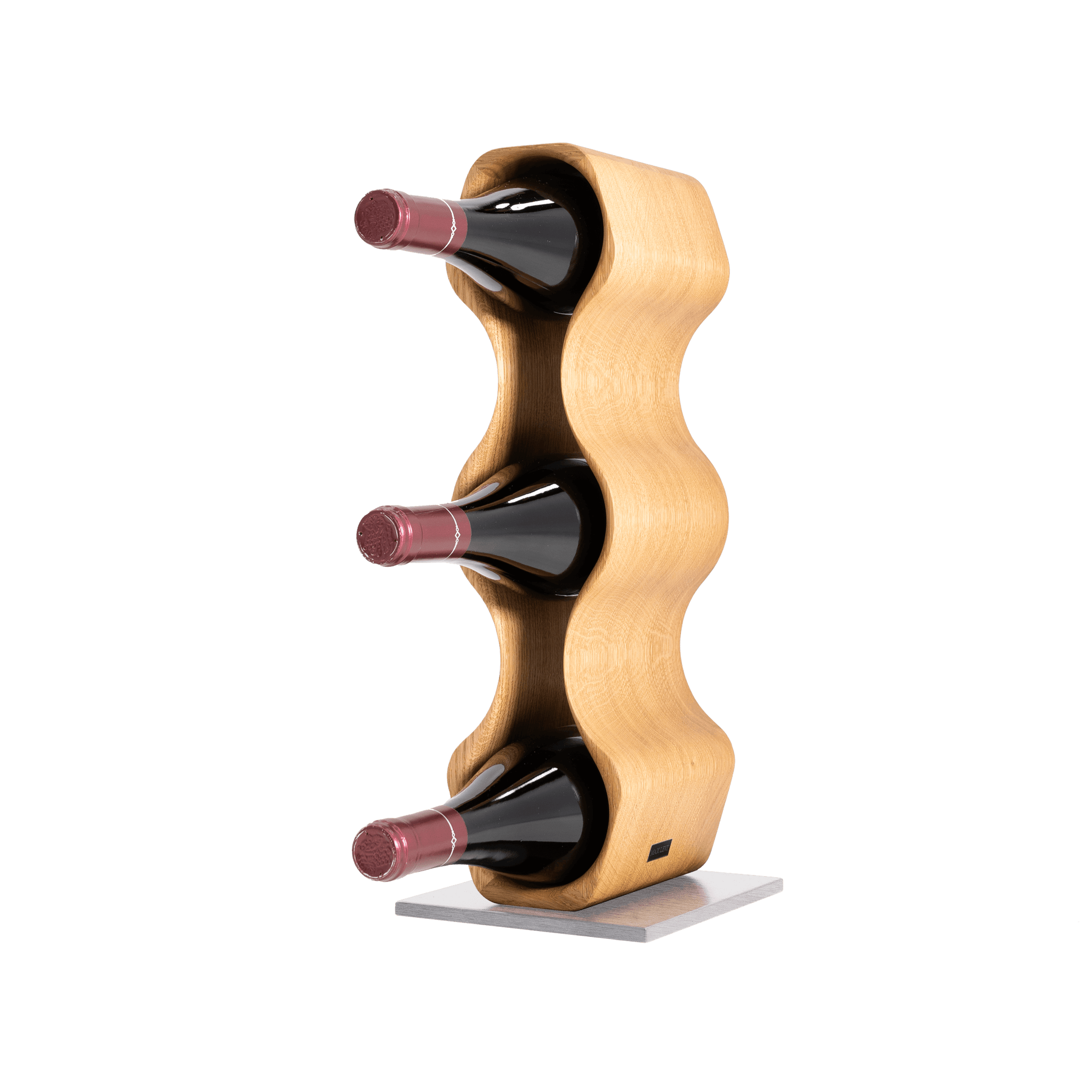Max Levi Harmony Select Oak wine rack, wine stand rack, a wine rack, corner image with bottles, silver stand 
