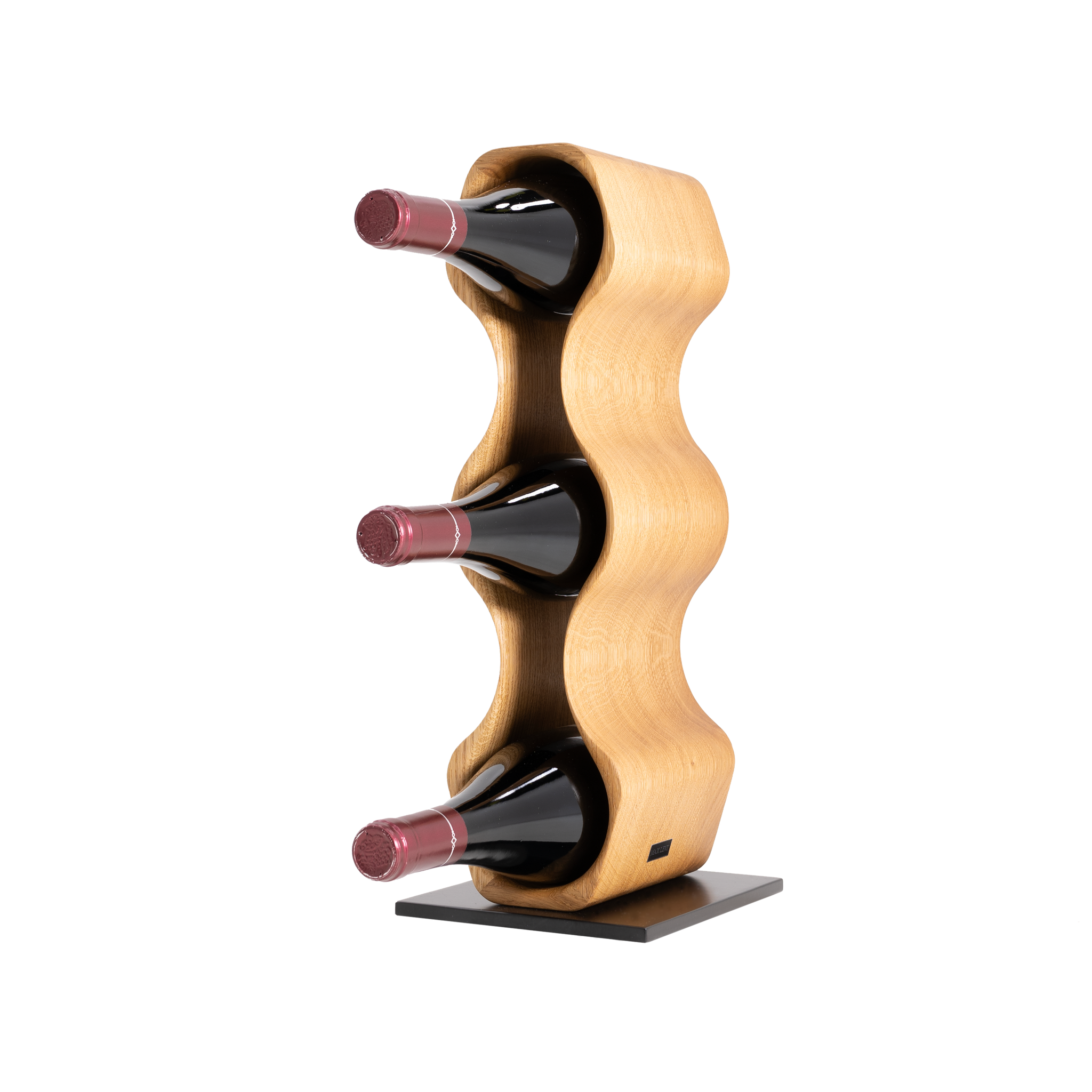 Max Levi Harmony Select Oak wine rack, wine stand rack, a wine rack, corner image with bottles, black stand 