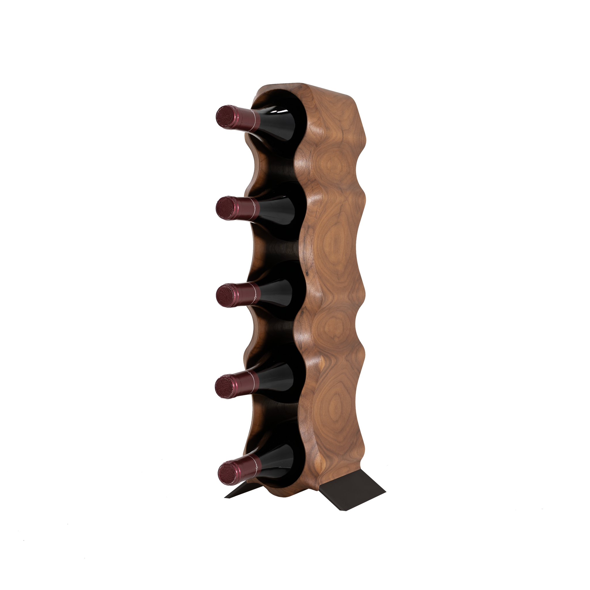 Max Levi Natura American Walnut wood wine rack, wine stand rack, a wine rack, black stand, corner image with bottles