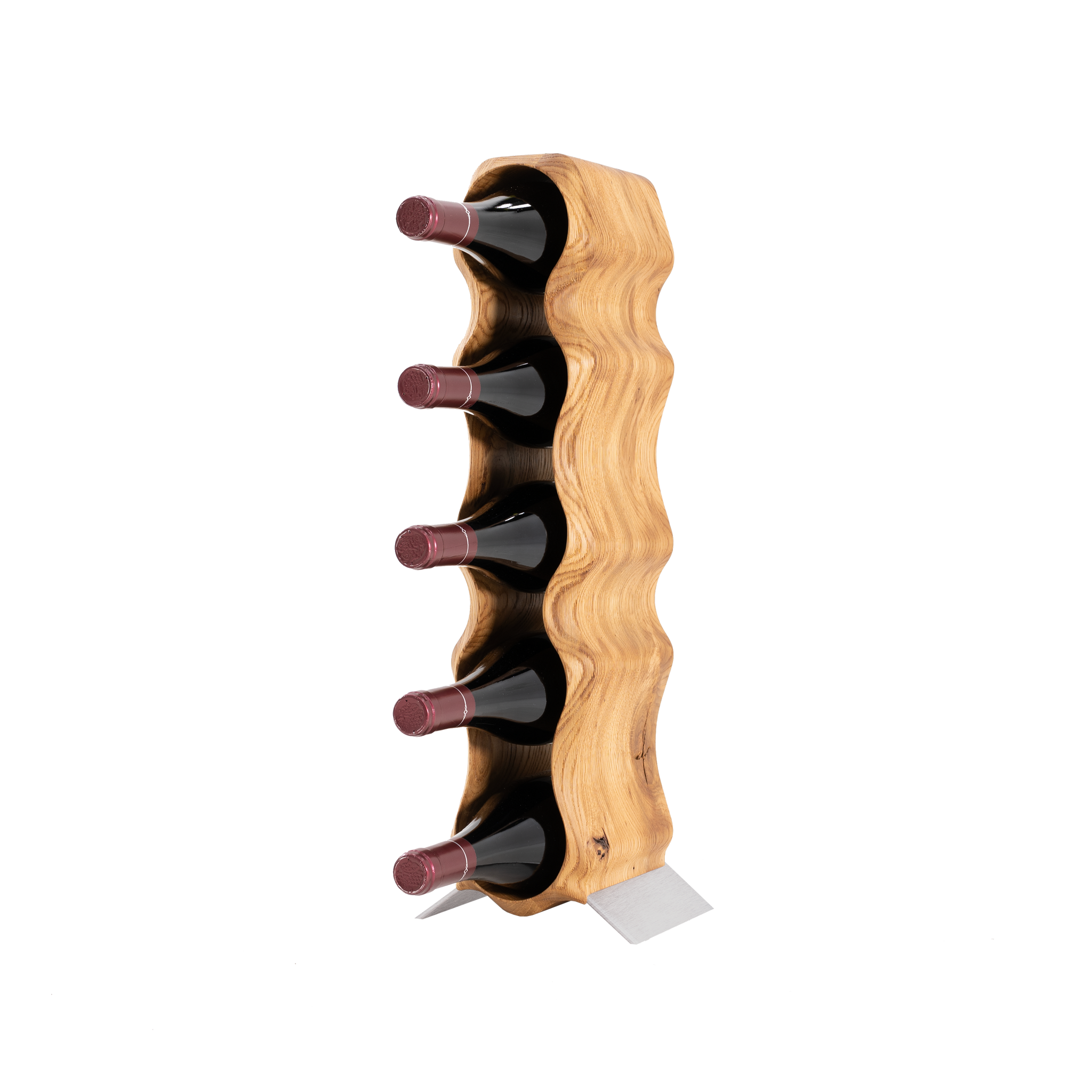 Max Levi Natura Rustic Brushed Oak wood wine rack, wine stand rack, a wine rack, silver stand, corner image with bottles