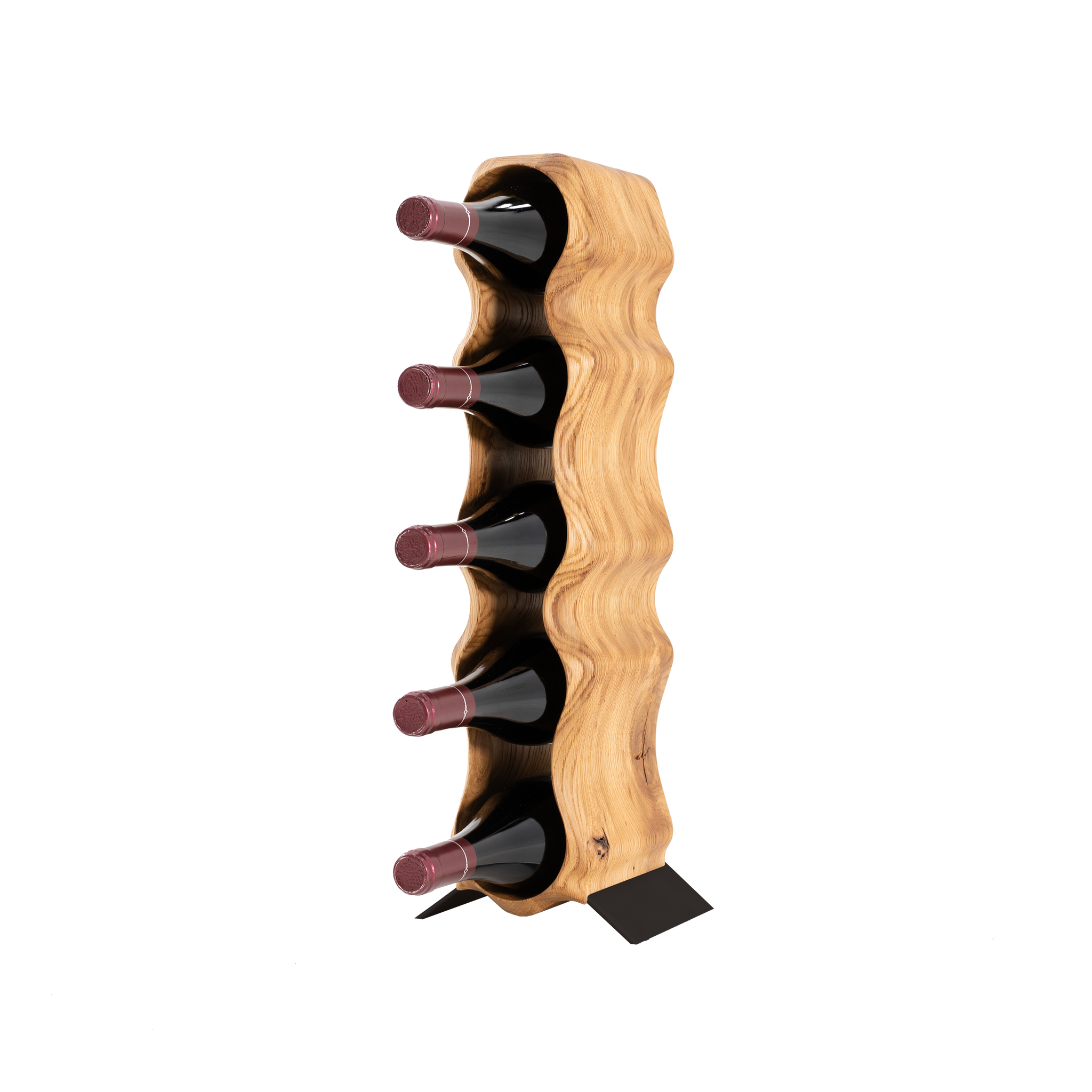 Max Levi Natura Rustic Brushed Oak wood wine rack, wine stand rack, a wine rack, black stand, corner image with bottles