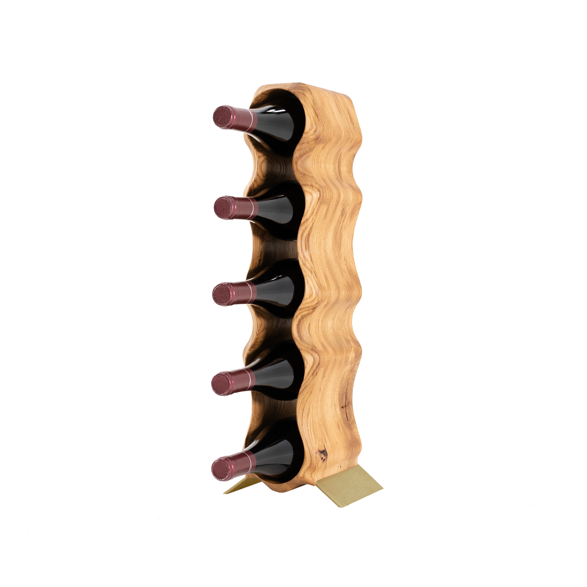 Max Levi Natura Rustic Brushed Oak wood wine rack, wine stand rack, a wine rack, gold stand, corner image with bottles