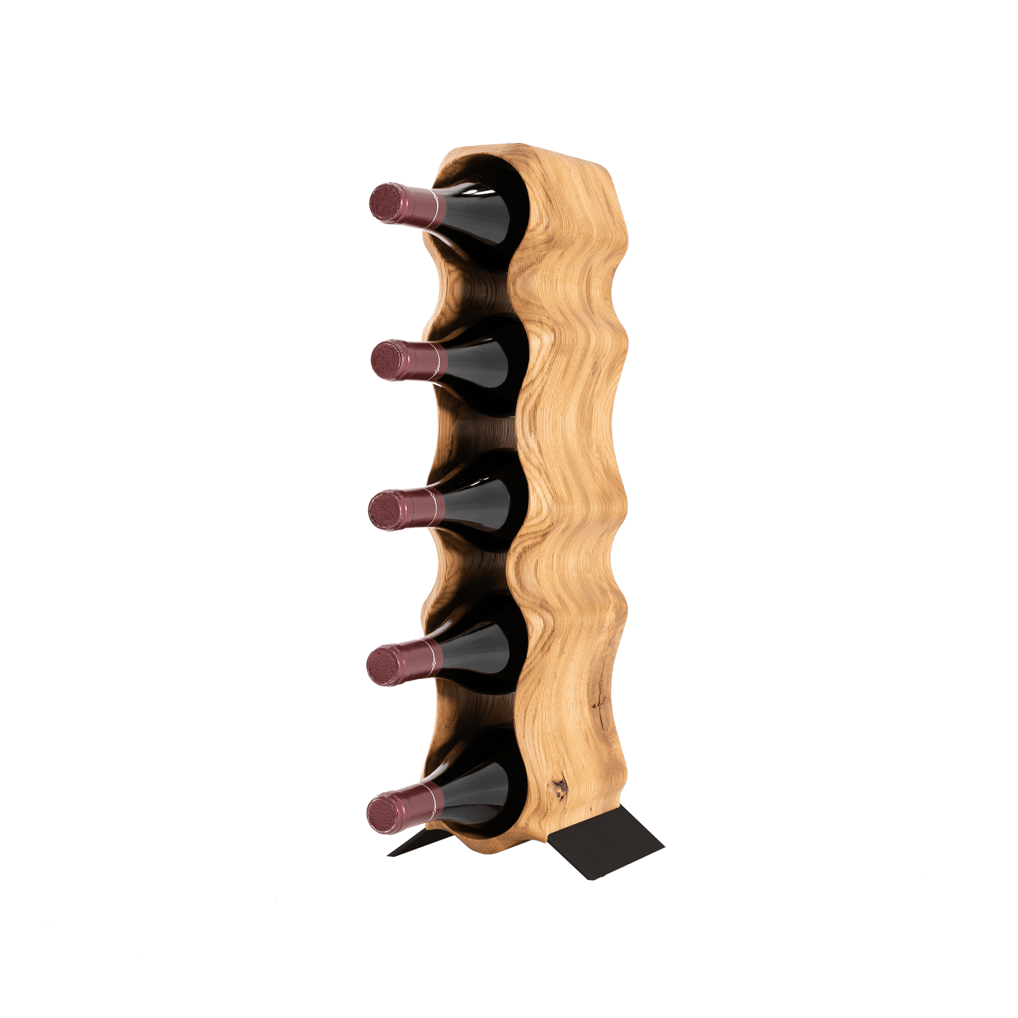 Max Levi Natura Rustic Brushed Oak wood wine rack, wine stand rack, a wine rack, black stand, corner image with bottles