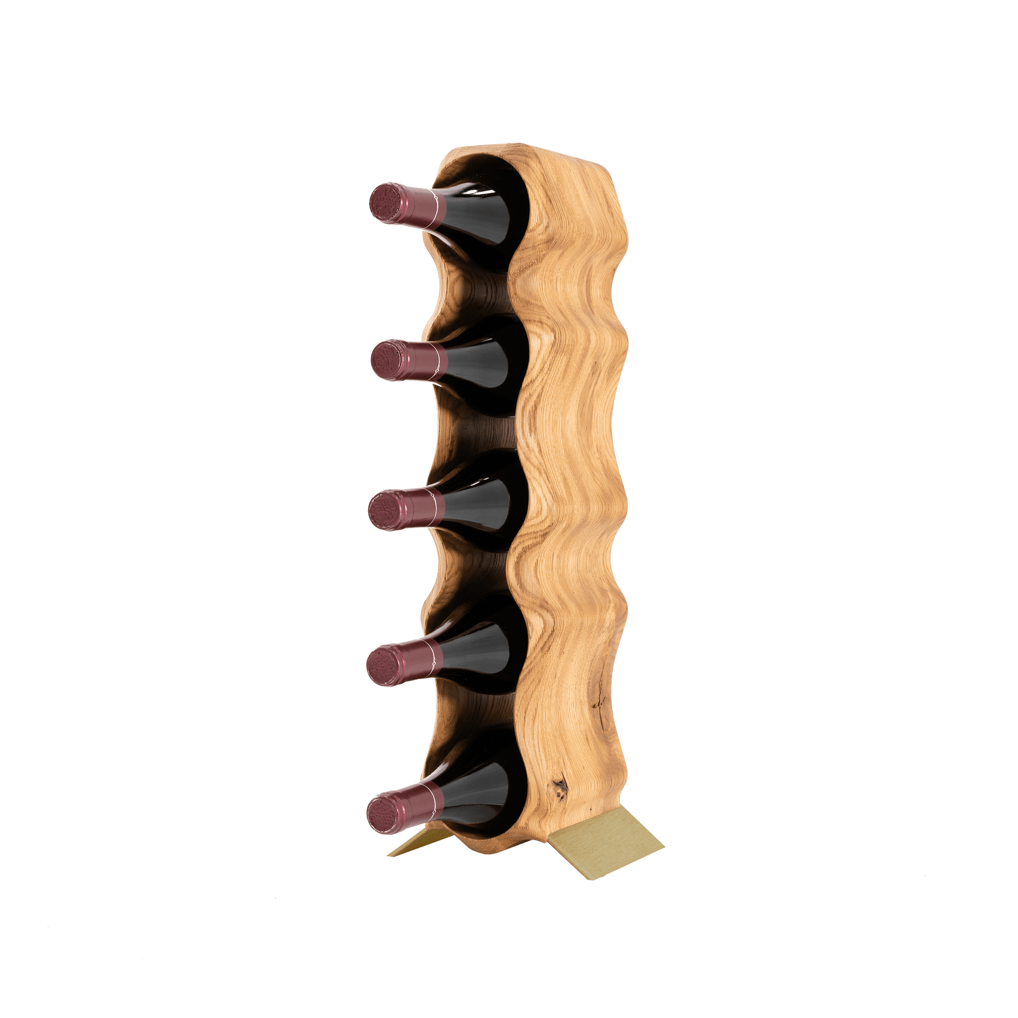 Max Levi Natura Rustic Brushed Oak wood wine rack, wine stand rack, a wine rack, gold stand, corner image with bottles