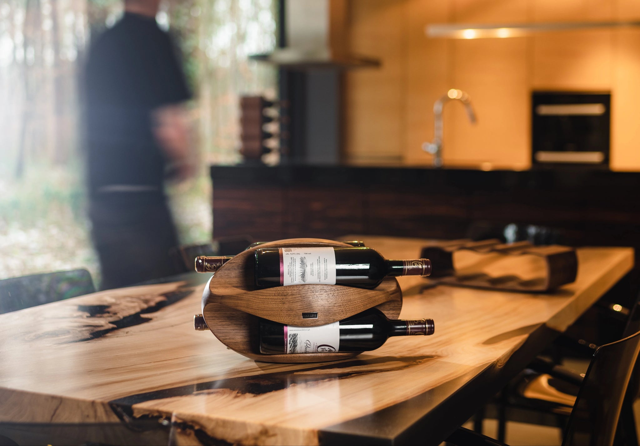 TRY wine rack, Max Levi, luxury lifestyle image, contemporary, classic, modern, timeless, wine stand rack, wine display, 4 bottle holder, handcrafted, European design, American Walnut Wood