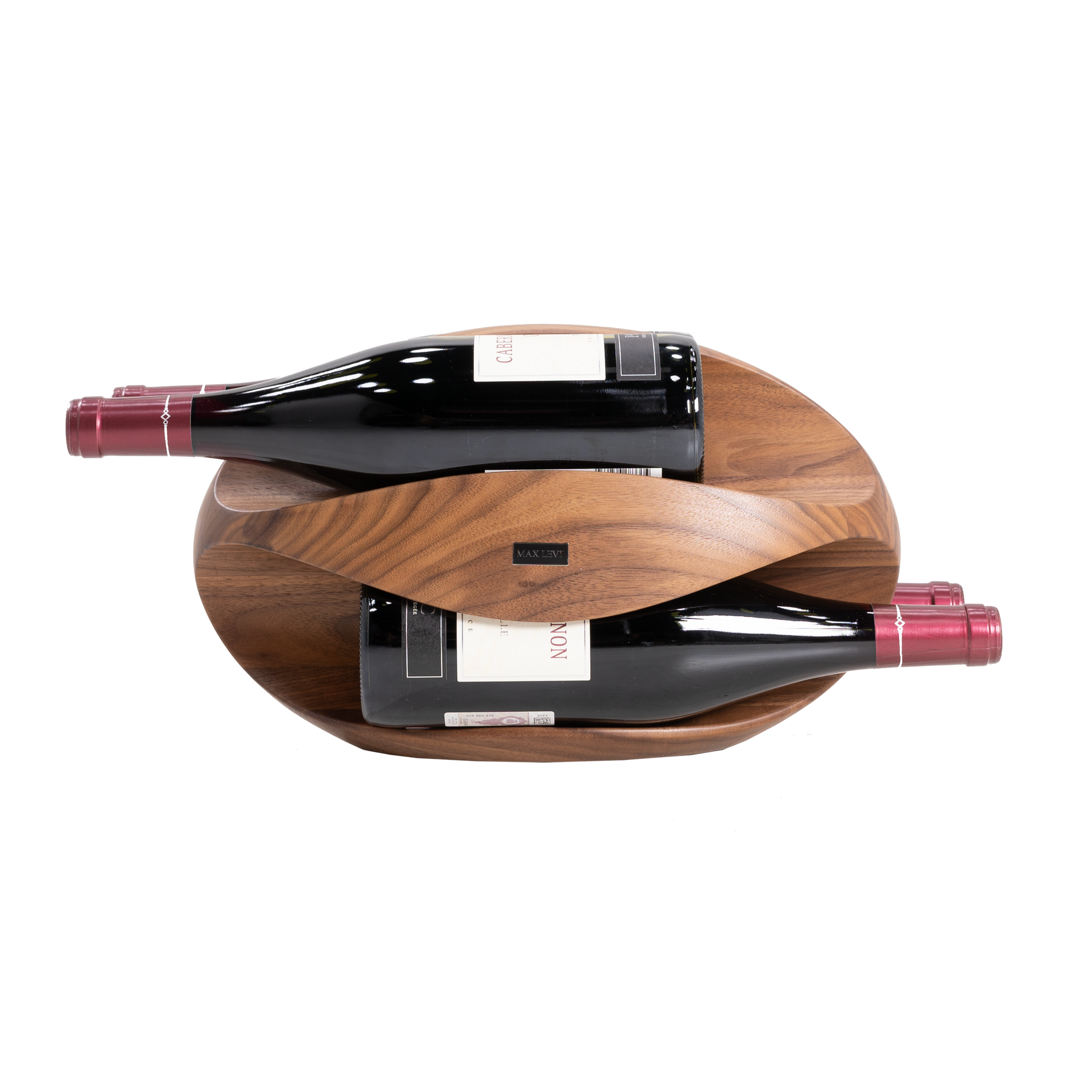 Max Levi Try American Walnut wood wine rack, wine stand rack, a wine rack, front image with bottles