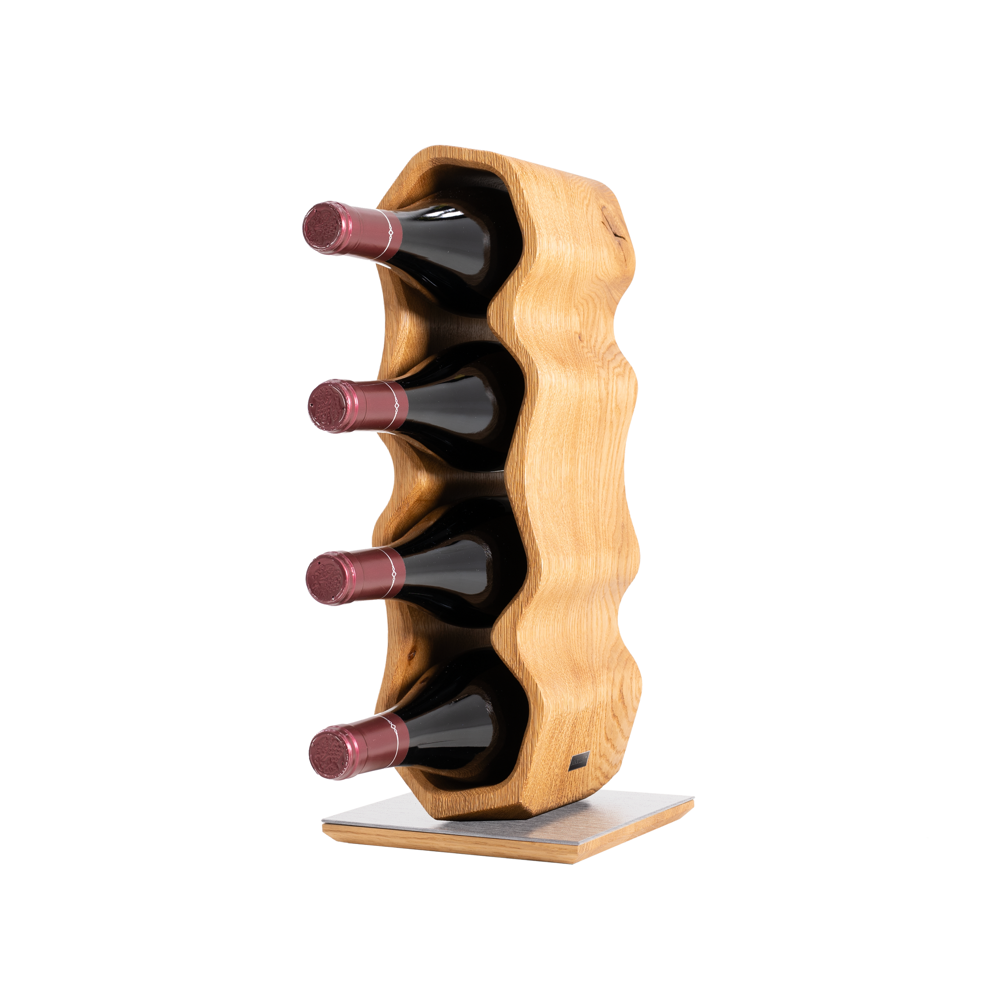 Max Levi Warp Rustic Brushed Oak wood wine rack, wine stand rack, a wine rack, silver stand, corner image with bottles