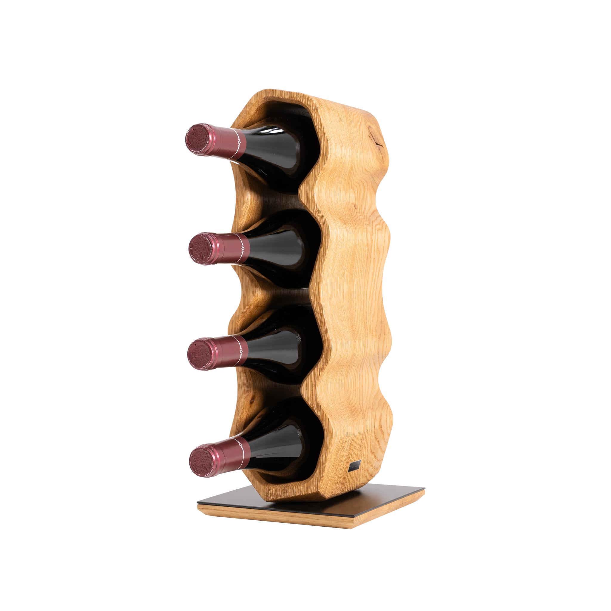 Max Levi Warp Rustic Brushed Oak wood wine rack, wine stand rack, a wine rack, black stand, corner image with bottles