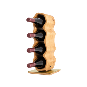 Max Levi Warp Rustic Brushed Oak wood wine rack, wine stand rack, a wine rack, gold stand, corner image with bottles