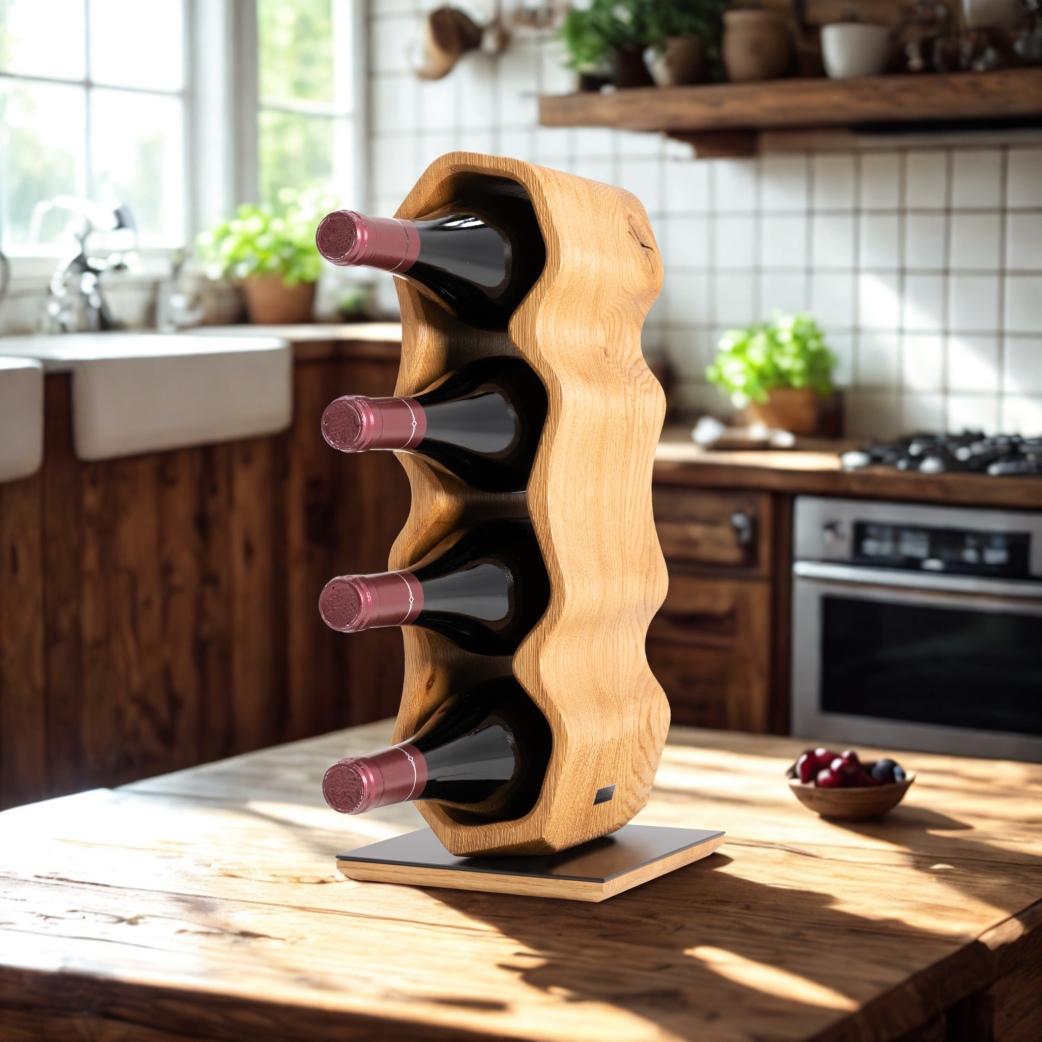 Max Levi Warp Rustic Brushed Oak wood wine rack, wine stand rack, a wine rack, lifestyle image