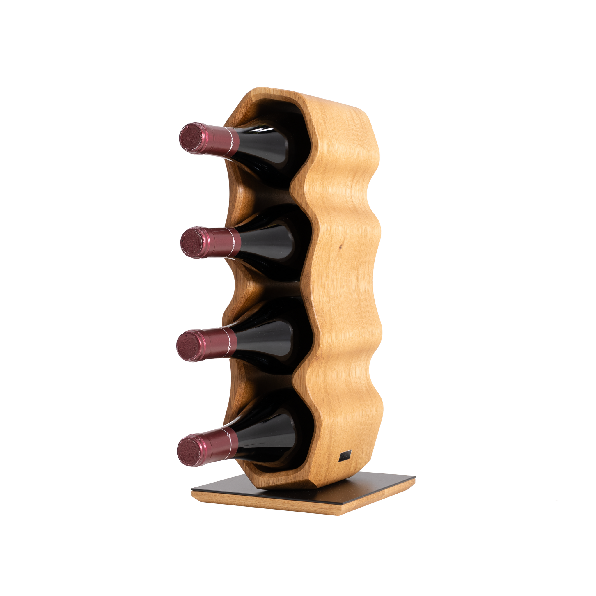 Max Levi Warp Select Oak wood wine rack, wine stand rack, a wine rack, black stand, corner image with bottles