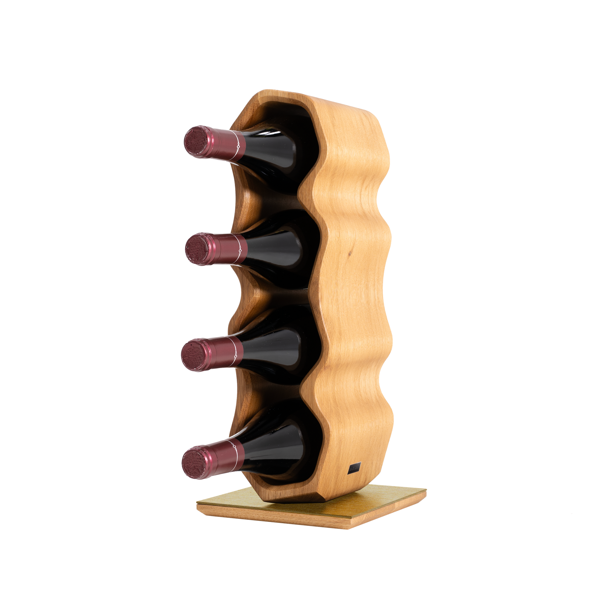 Max Levi Warp Select Oak wood wine rack, wine stand rack, a wine rack, gold stand, corner image with bottles