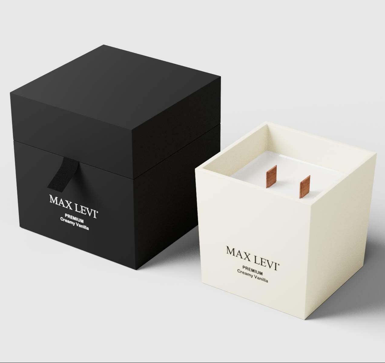 Max Levi Premium Creamy Vanilla candle in cream glass jar with 2 wooden wicks, next to gift box.