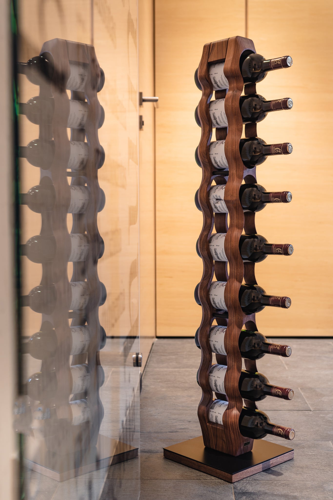 Max Levi Trim 9 American Walnut wood wine rack, wine stand rack, a wine rack, black stand, lifestyle image 2