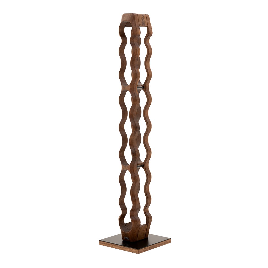 Max Levi Trim 9 American Walnut wood wine rack, wine stand rack, a wine rack, black stand, corner image without bottles