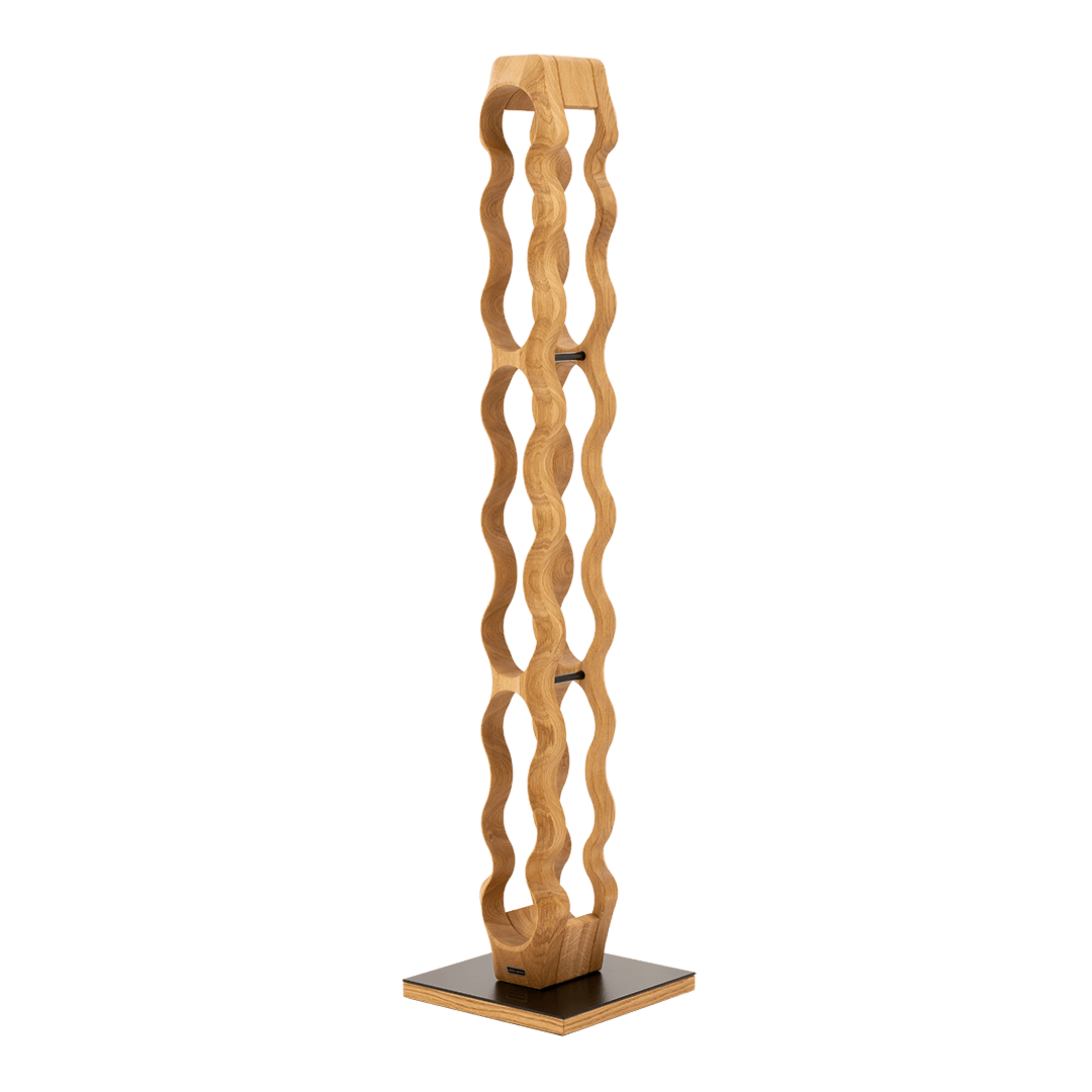 Max Levi Trim 9 Select Oak wood wine rack, wine stand rack, a wine rack, black stand, corner image without bottles