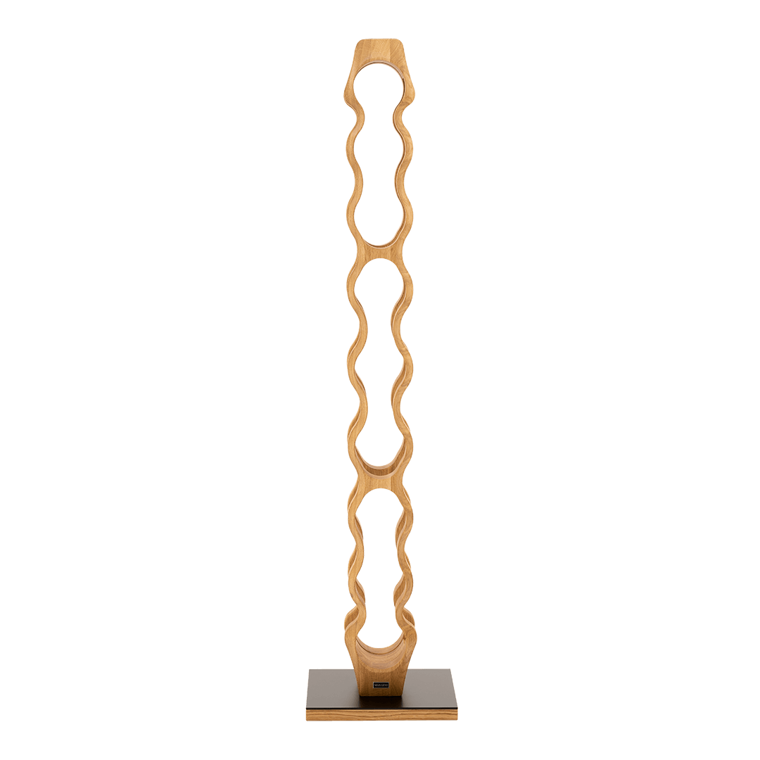 Max Levi Trim 9 Select Oak wood wine rack, wine stand rack, a wine rack, black stand, front image without bottles