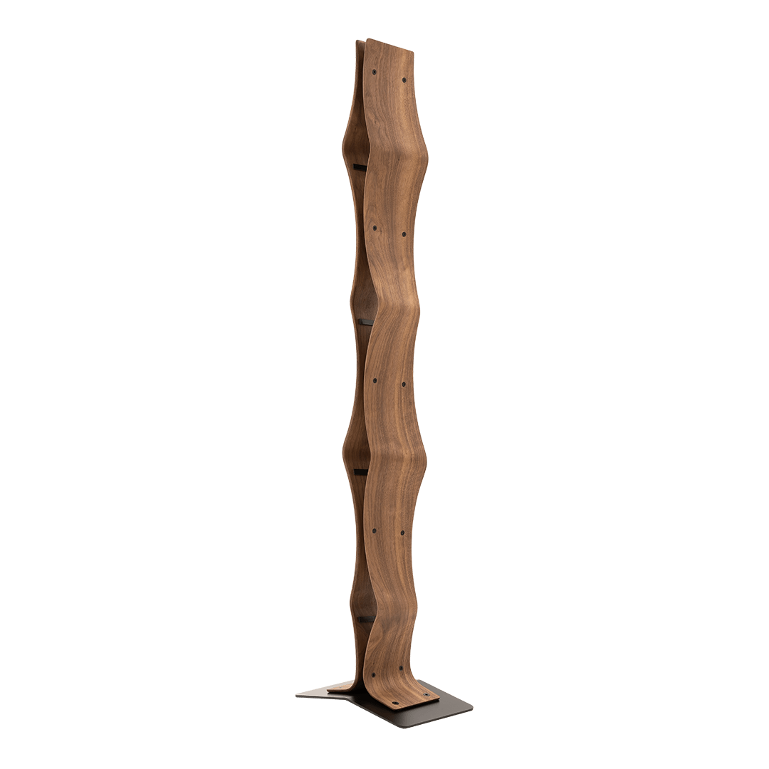 Max Levi Vertigo American Walnut wood wine rack, wine stand rack, a wine rack, black stand, corner image 2 without bottles