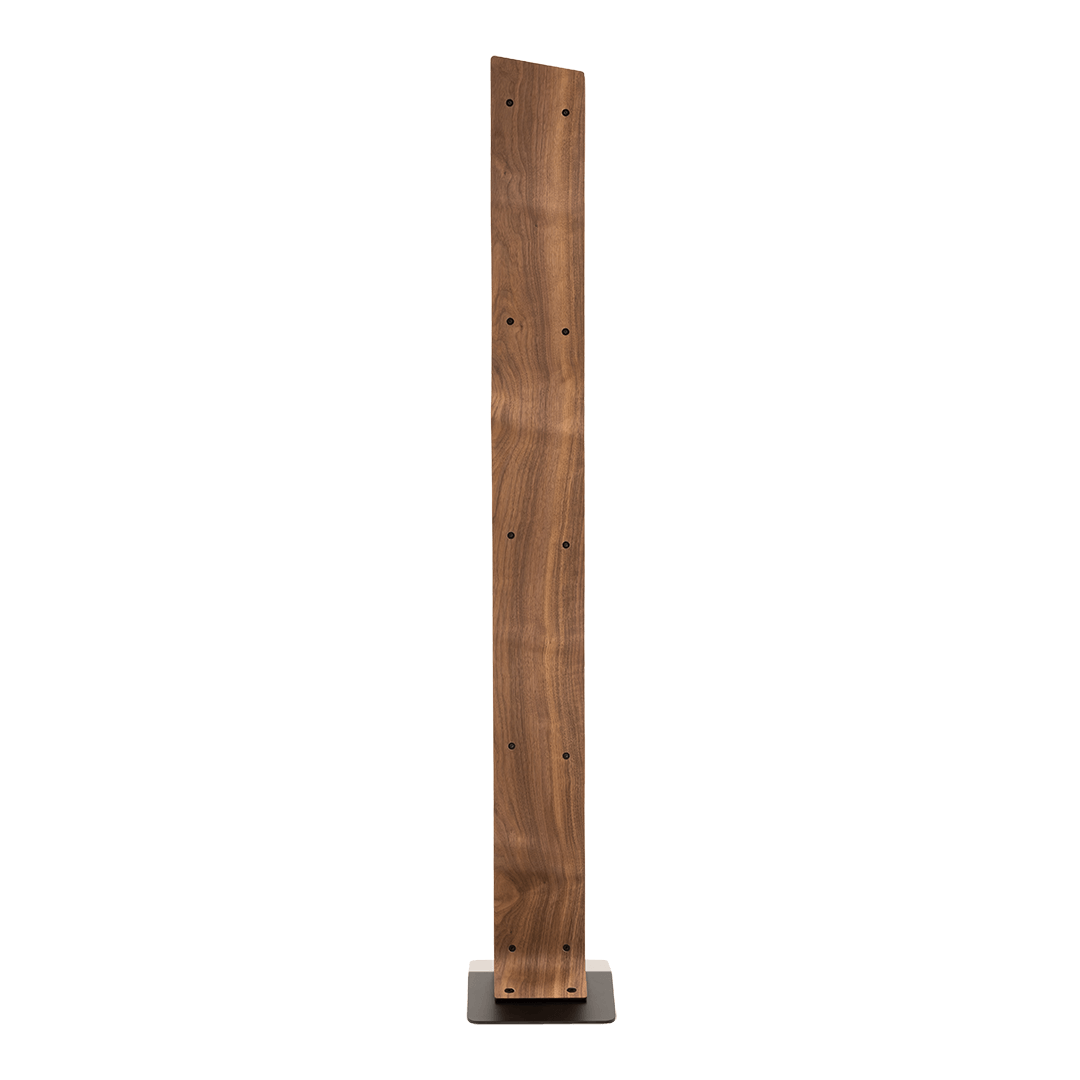 Max Levi Vertigo American Walnut wood wine rack, wine stand rack, a wine rack, black stand, side image, without bottles